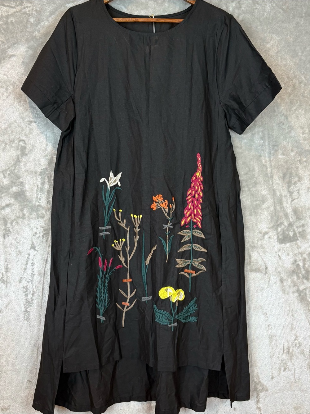 Minibee Wmn’s Embroidered Linen Dress Summer A-Line Sundress Hi-Low Tunic M